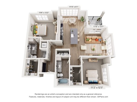 A 3D floor plan of a house with a living room, kitchen, and two bedrooms.